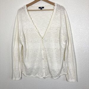Frye Cardigan Sweater Womens XXL Ivory White Pointelle Knit Button V Neck Cotton